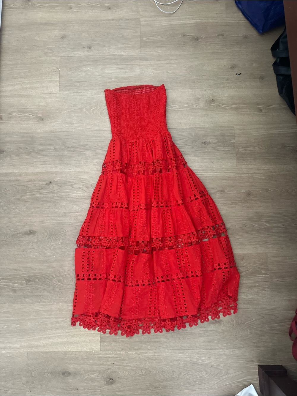 Red Strapless Eyelet Midi Dress - Picture 3 of 4